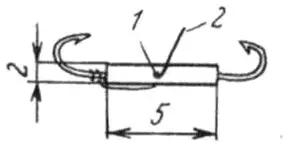 Рис. 2. 1 — отверстие для лески; 2 — она сама.