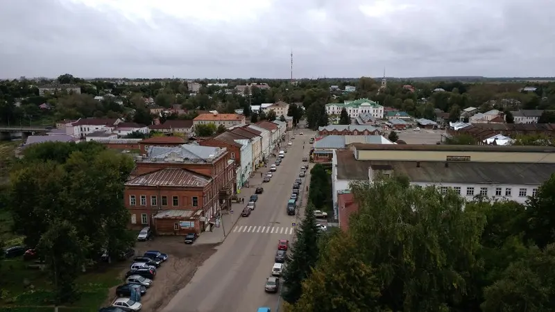 М. С. Плотников. Вид с колокольни Воскресенского собора на центральную часть города. Улица...