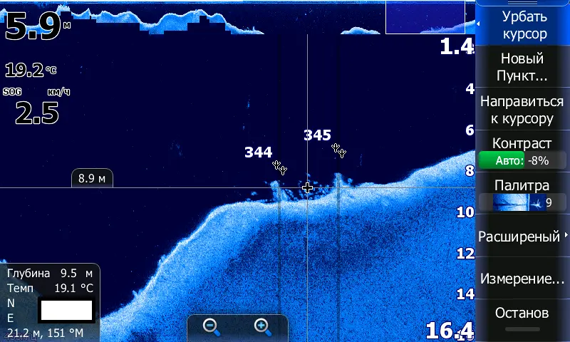 Здесь и далее скриншоты с Lowrance HDS-9 Gen 2 Touch