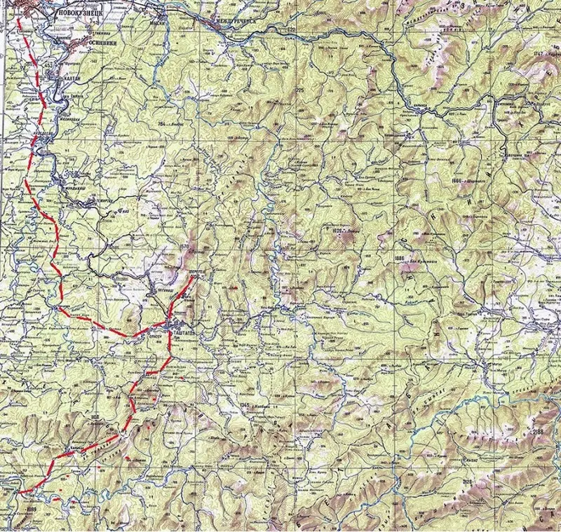 Наш маршрут по Шории и Алтаю отмечен красным пунктиром.