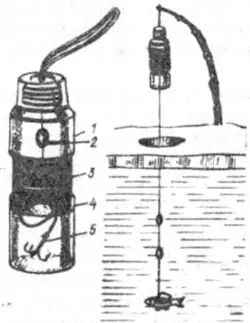 Рис. 1. Оригинальная жерлица-самоделка: 1 — капроновая емкость; 2 — грузило; 3 — леска; 4 —...