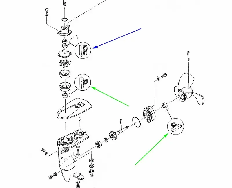 Схема расстановки сальников мотора Yamaha 2 CMHS: зелёными стрелками показаны сальники с двумя...